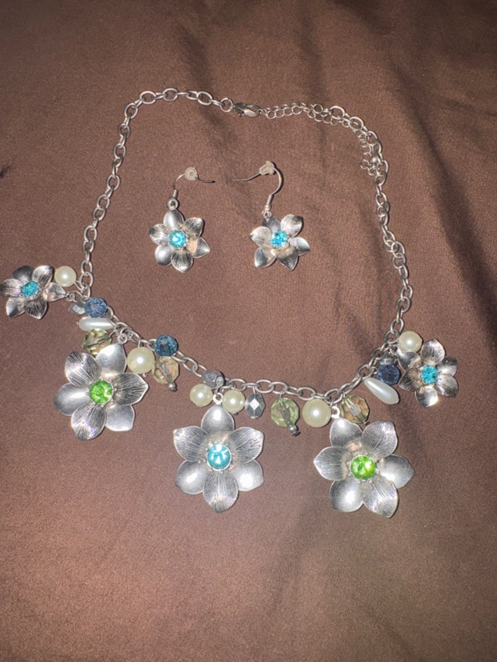 Silver Floral Crystal Necklace and Earring Set in Blue & Green